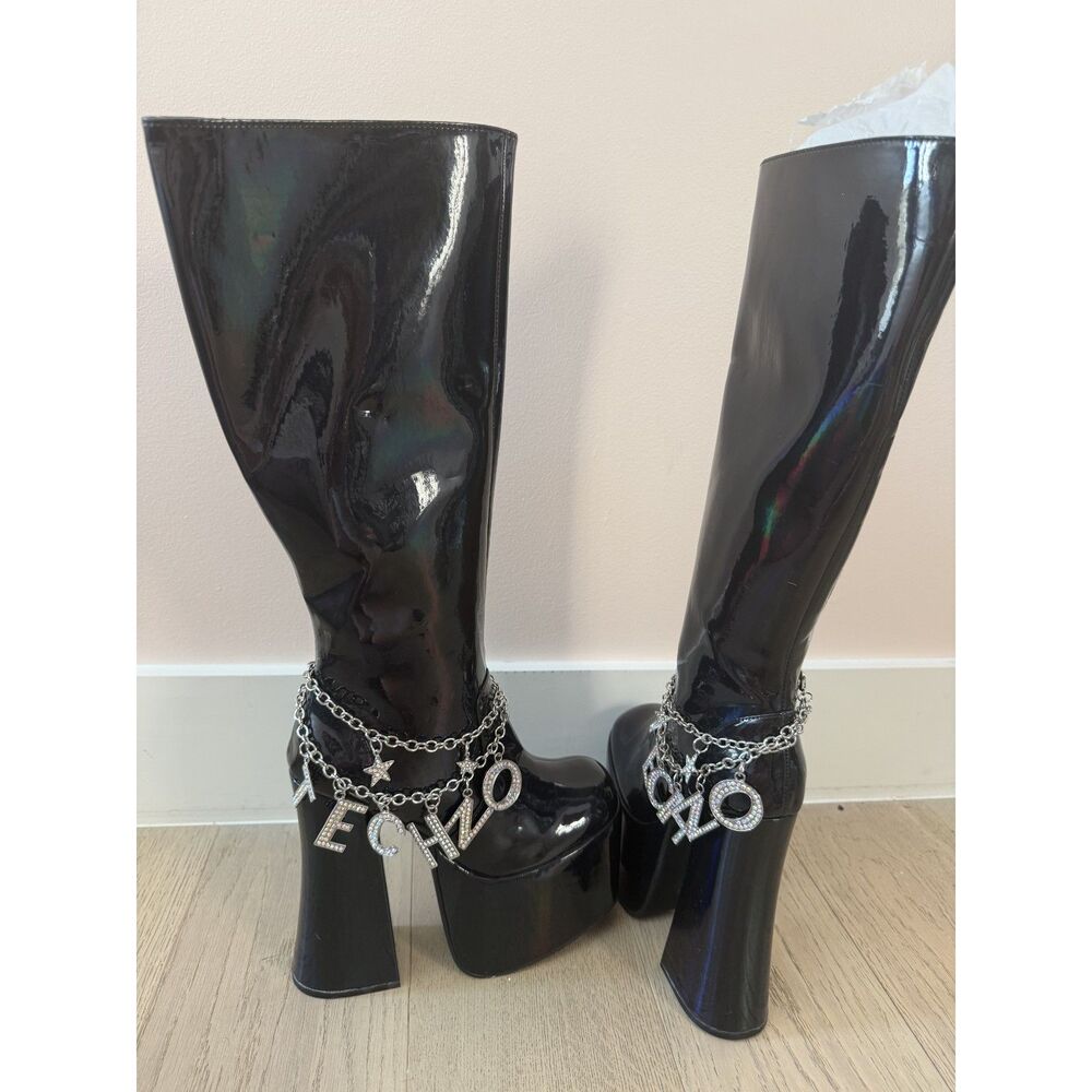 Dolls Kill Club Exx Tech-No For An Answer Black Patent Platform GoGo Boots 8 NEW